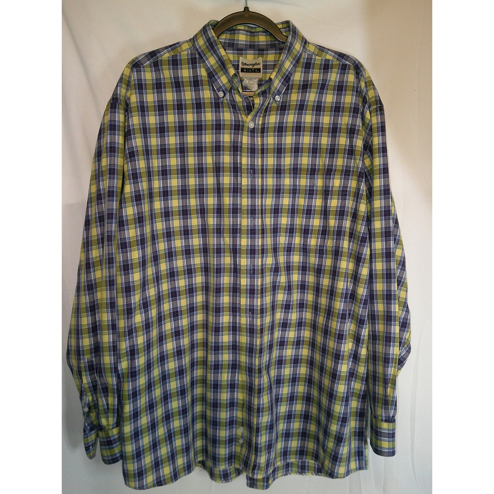 Wrangler RIATA‎ Mens Plaid Long Sleeve Button Down Shirt Yellow Blue XL